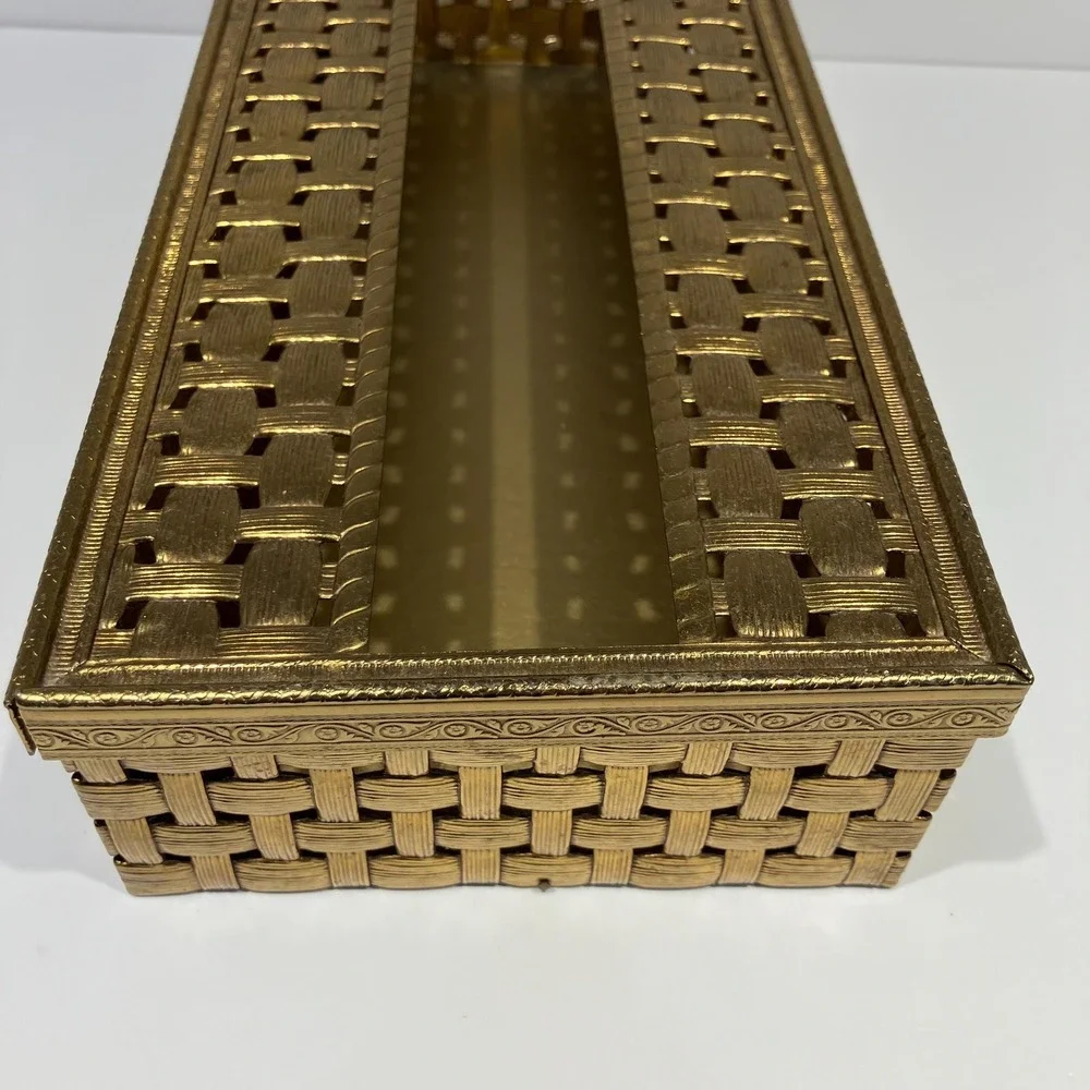 Vtg Gold Tone Metal Rectangular Tissue Box 2 Pc-Vanity Decor-Hollywood Regency